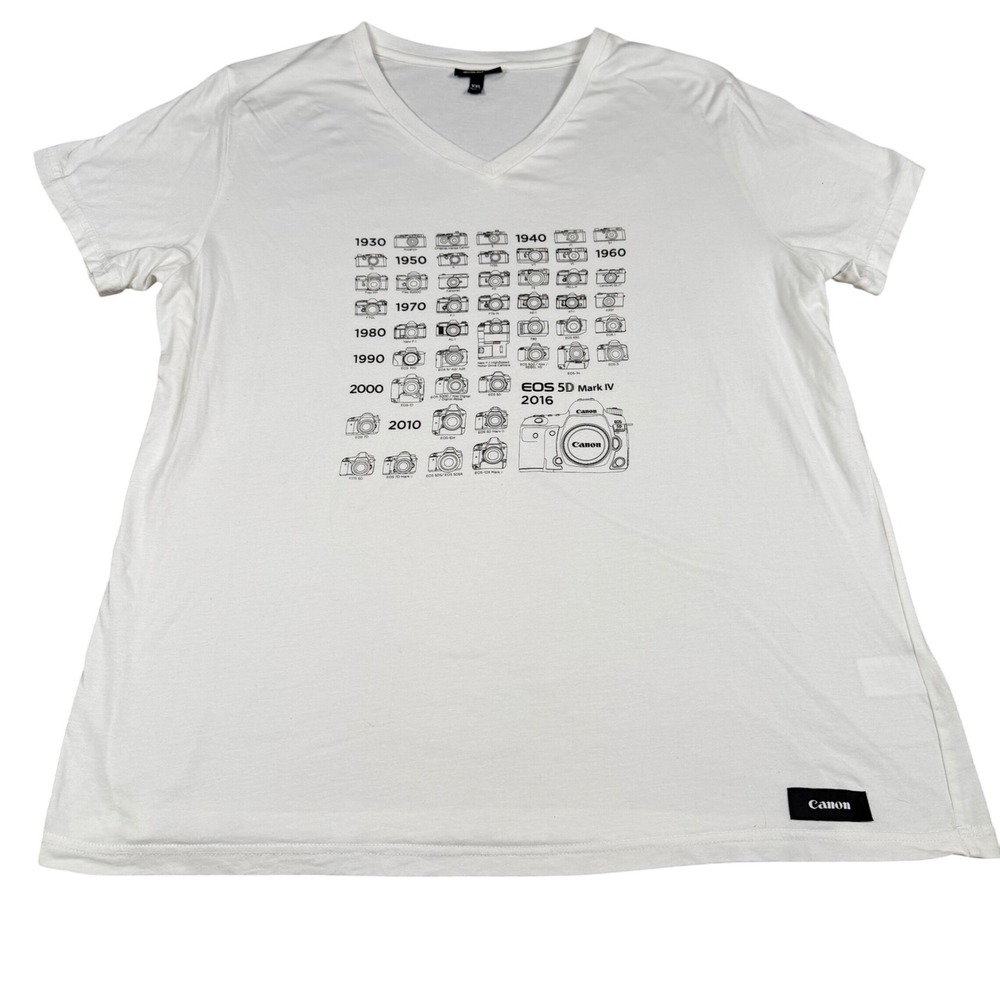 Canon Camera Evolution Timeline Graphic V-Neck T-Shirt White XXL EOS 5D Mark IV